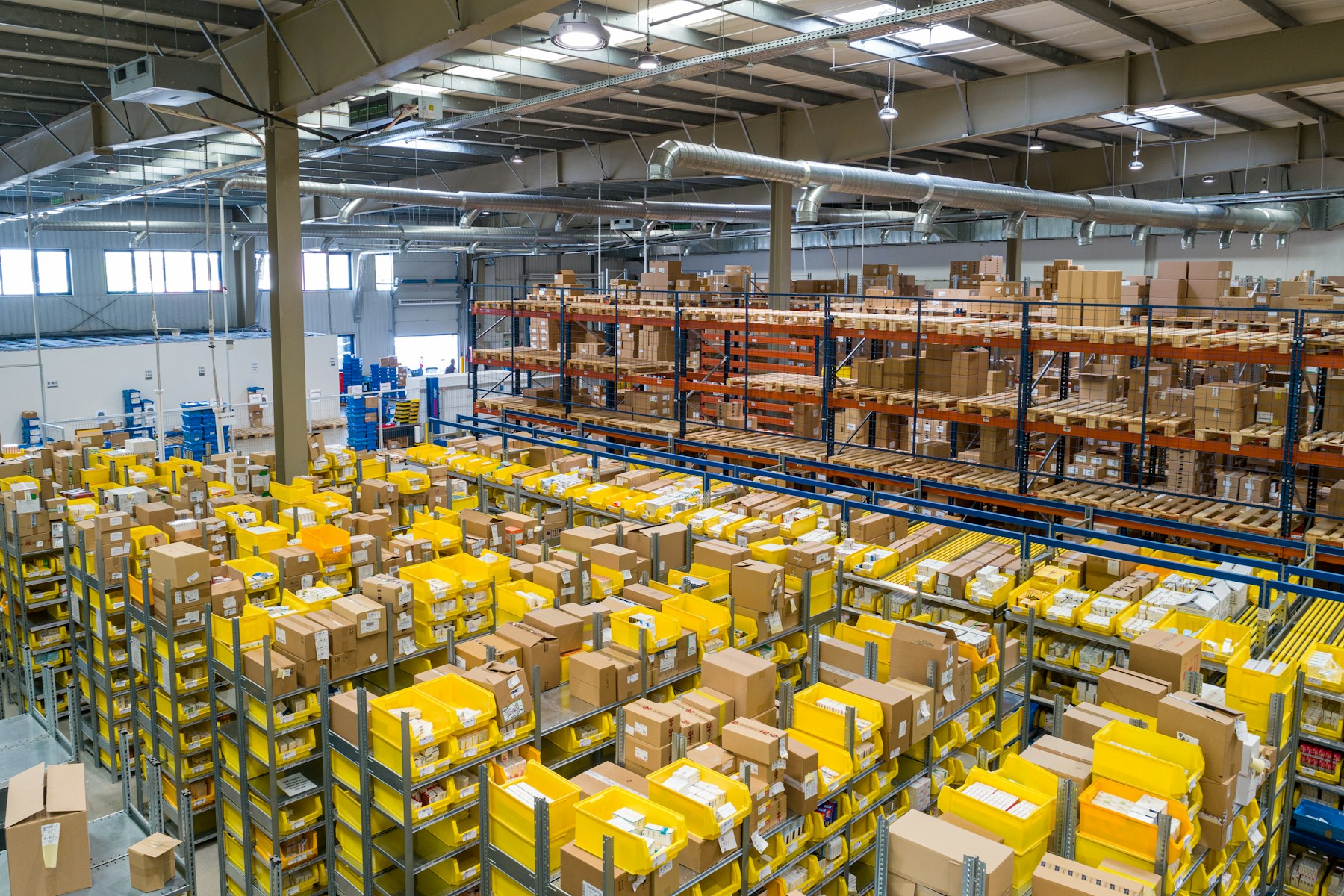 Organised goods and parcels in a modern distribution warehouse